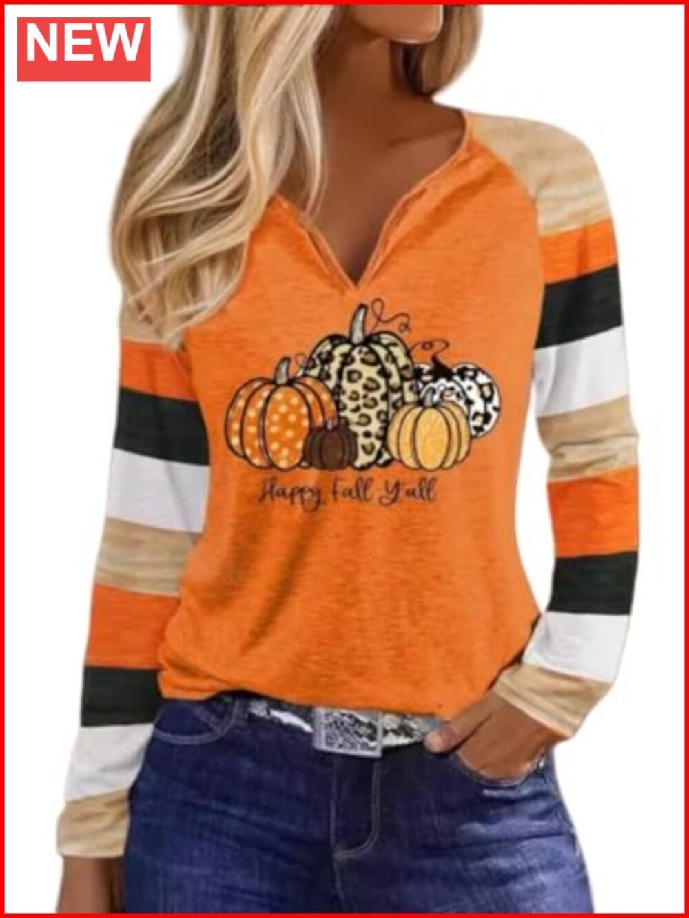 Notch Neck Long Sleeve Tunic Tee Fall Thanksgiving Pumpkin Turkey Women